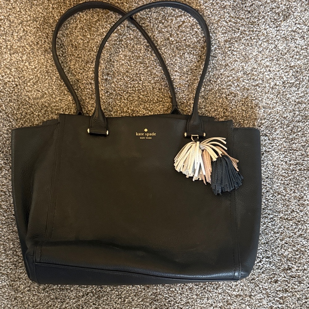 kate spade Black Leather Tote with Multi Tassel Charm